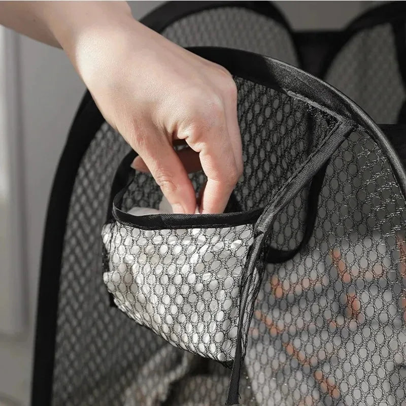 panier linge pliable noir blanc maille polyester réutilisable grande capacité rangement moderne sac intégré