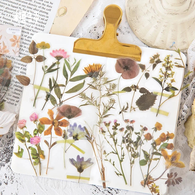 autocollants fleurs séchées multicolores vintage 40 pièces scrapbooking décoration semi transparentes