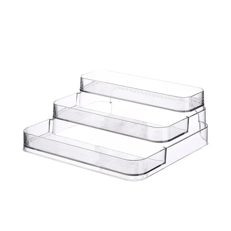 présentoir transparent minimaliste niveaux rangement parfums cosmétiques bouteilles zen étagerie