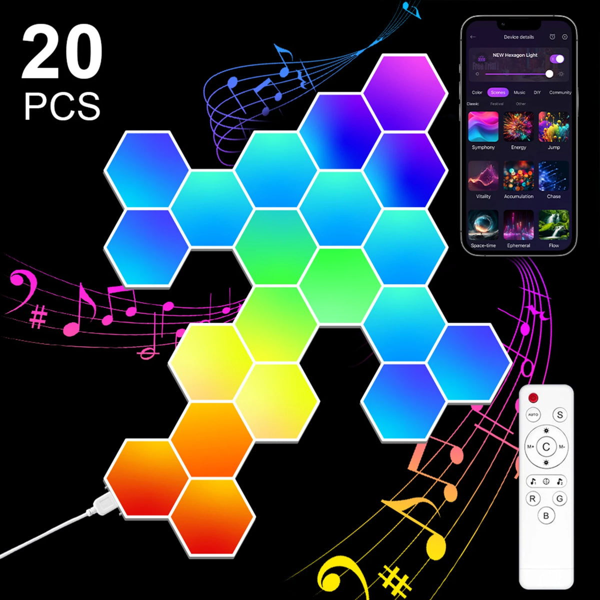 lampe murale hexagonale multicolore modulaire télécommande application moderne portable adjustable folding