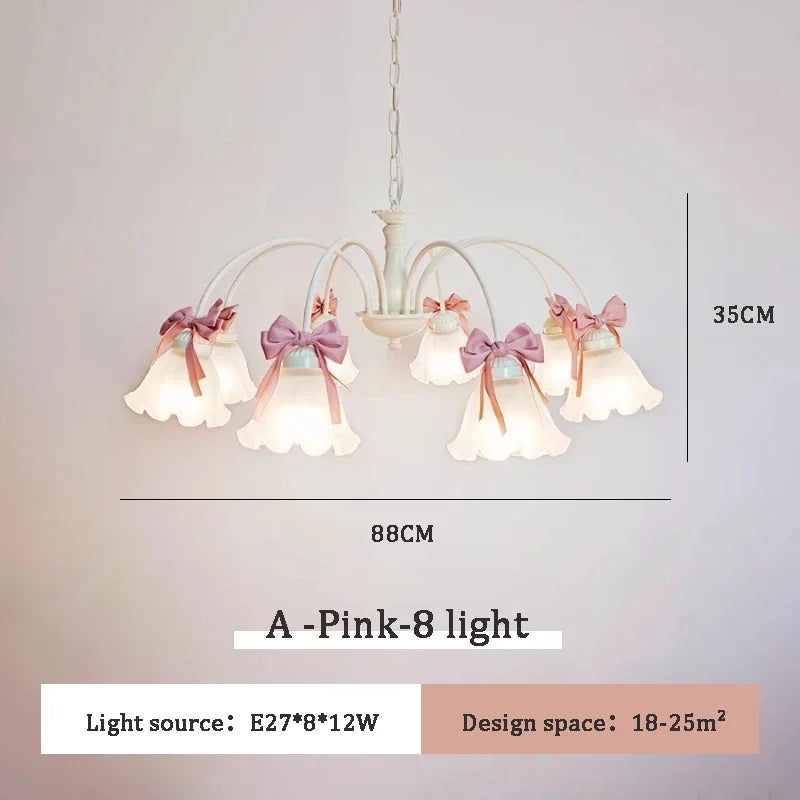 chandelier suspension vert pâle rubans roses abat jour translucides chambre enfant romantique