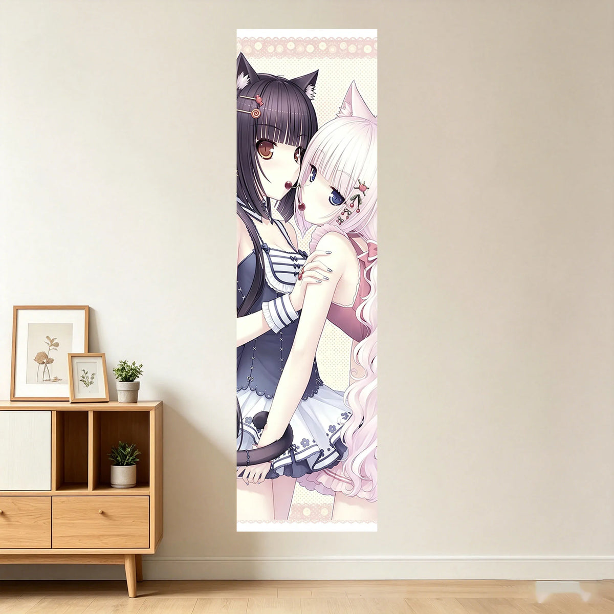 Poster mural anime personnages chats oreilles floral bleu marine rose blanc chambre filles