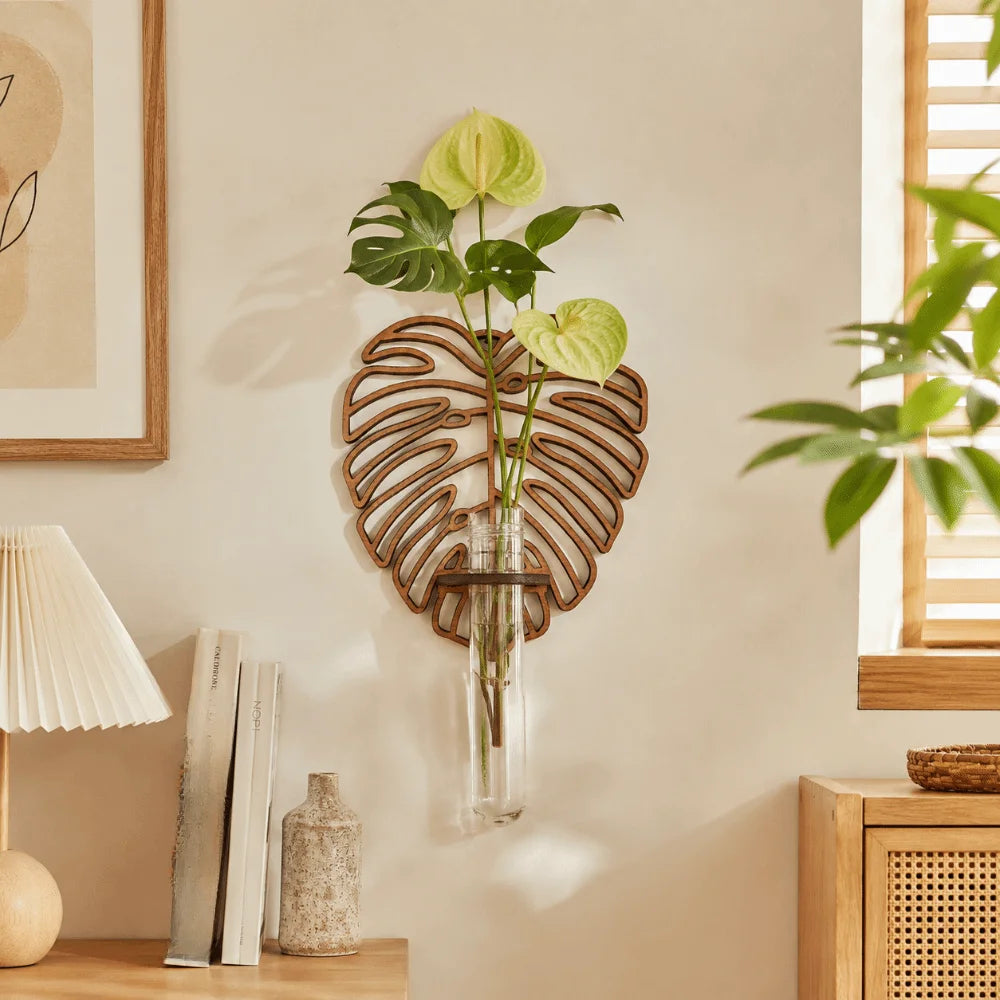 vase mural bois feuille transparent suspendu plante moderne nature inspiration