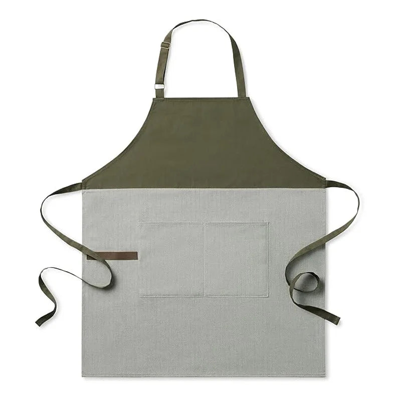tablier cuisine vert olive gris toile texturée poches avant sangles réglables moderne rustique