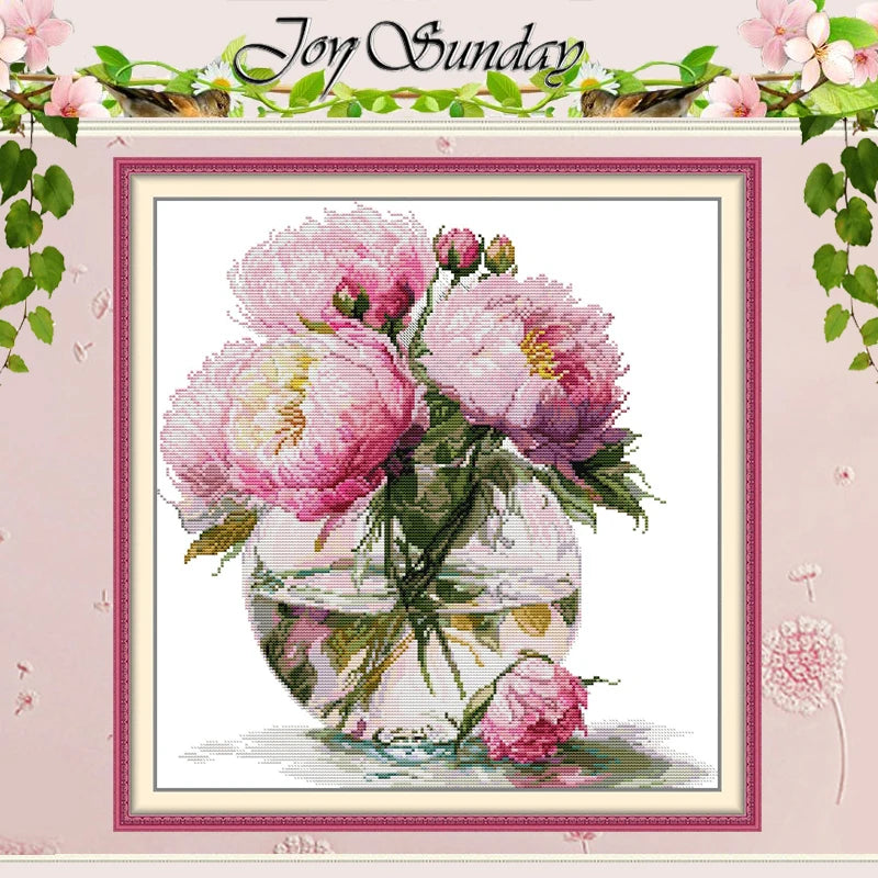 broderie diagramme fleurs pivoines rose blanc vase transparent feuilles coton fils croix artisanal