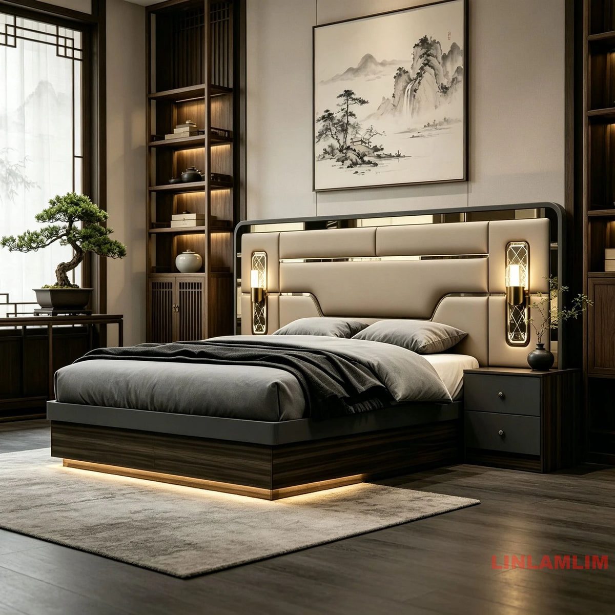 ensemble chambre coucher moderne lit tête rembourrée armoire miroir commode tiroirs tables chevet