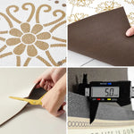 Cette image montre différents éléments liés à la création et à la conception, tels qu'un motif décoratif, un outil de coupe, une mesure numérique et un tissu texturé. Ces éléments suggèrent un produit lié aux arts créatifs ou à la décoration intérieure.