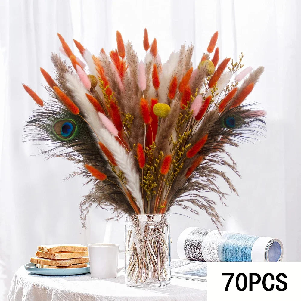 bouquet fleurs séchées pampa plumes fines beige blanc rose pâle naturel rustique clips decoration