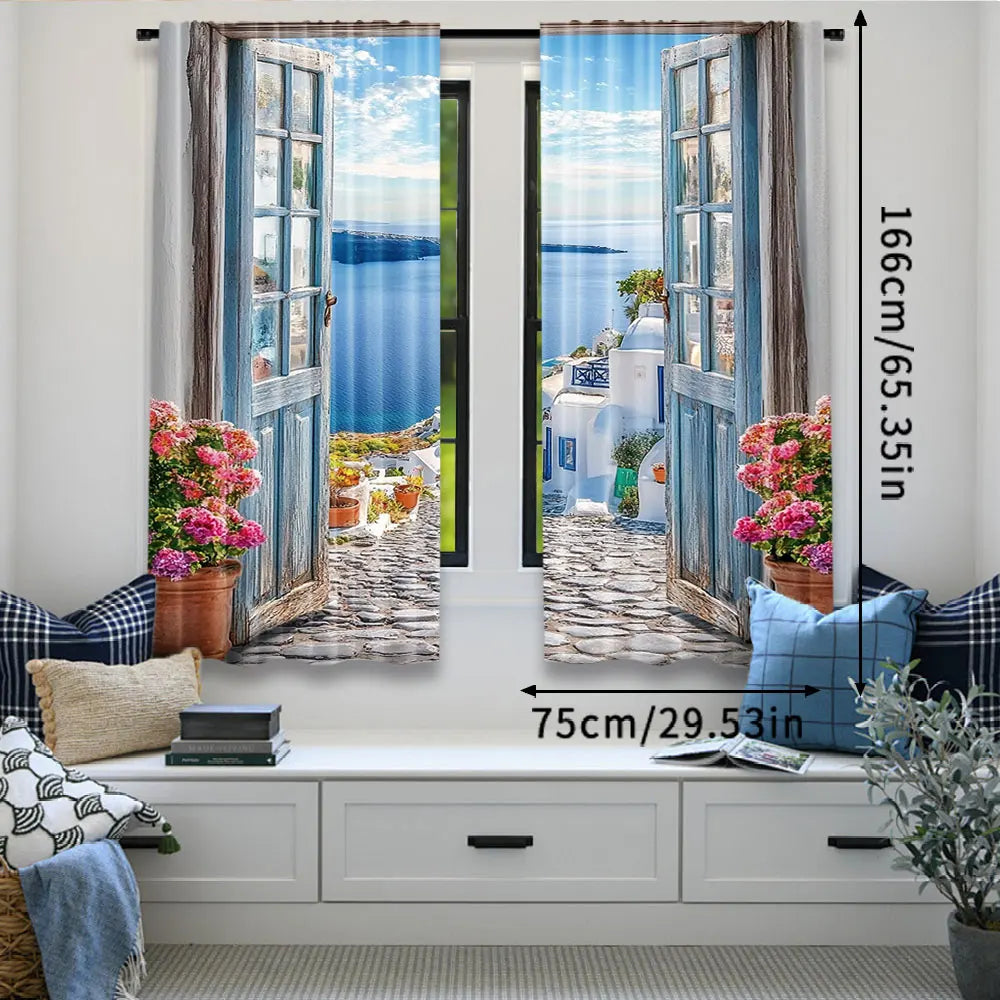 rideaux décoratifs grecs bleu ciel mer maison blanche nuages semi translucides pastorales 100 polyester