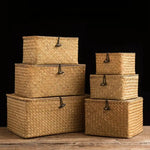 paniers rangement tressés rotin marron clair rustique couvercle utilisation multiple decorationintérieur bohème pastoral