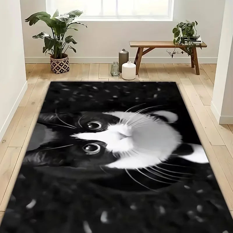 tapis moderne chat noir blanc motif floral velours mousse antidérapant salon chambre 50x80cm 80x120cm