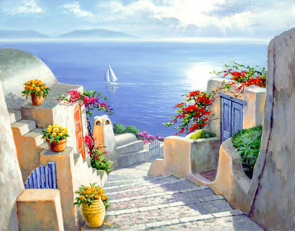 broderie paysage marin maisons blanches escaliers fleurs vases montagnes ciel bleu coton 40x50cm