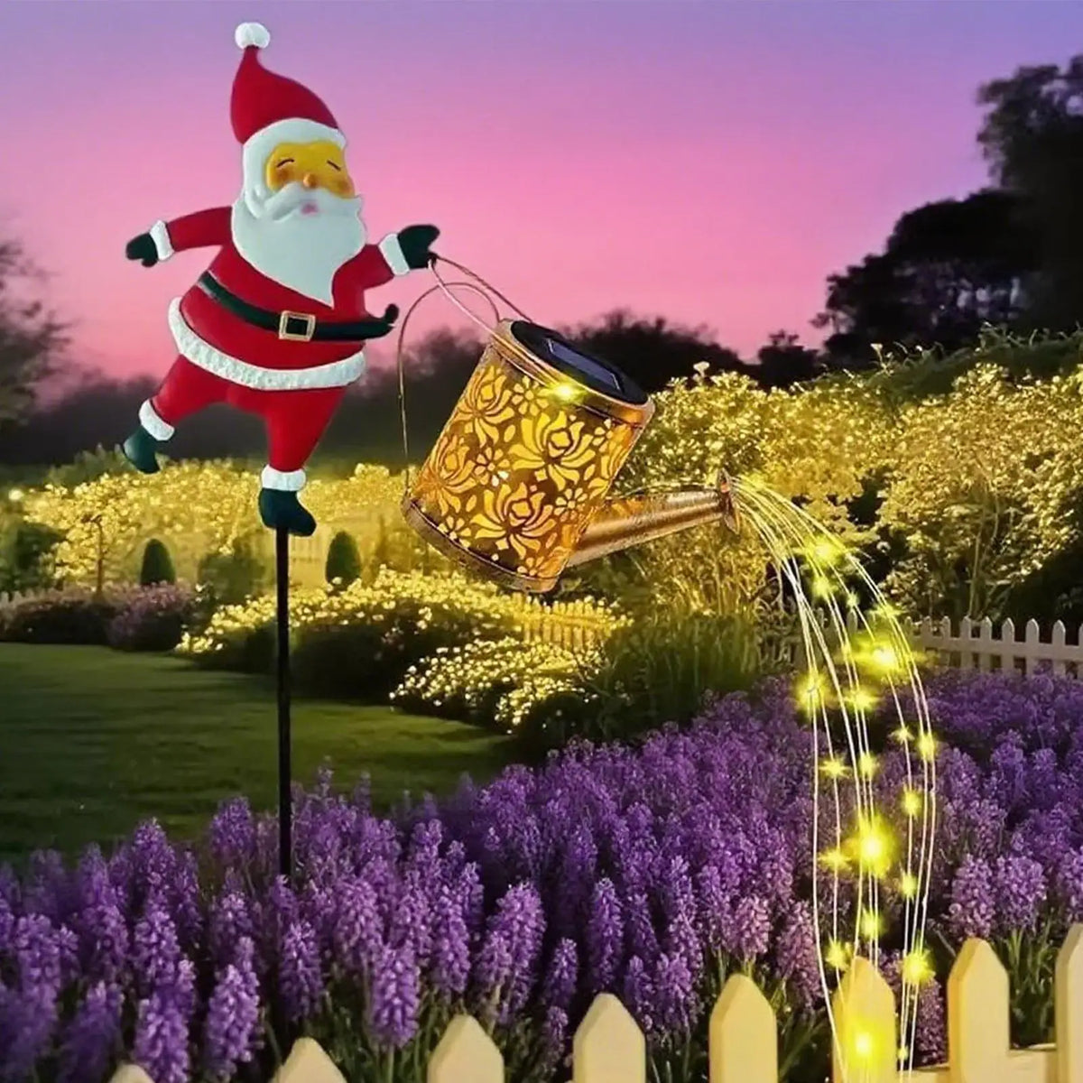 décoration noël père noël arrosoir lumineux rouge blanc doré festive extérieure jardin métal fixe