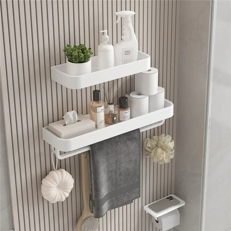 étagère murale salle bain blanche aluminium porte serviette porte brosse dents