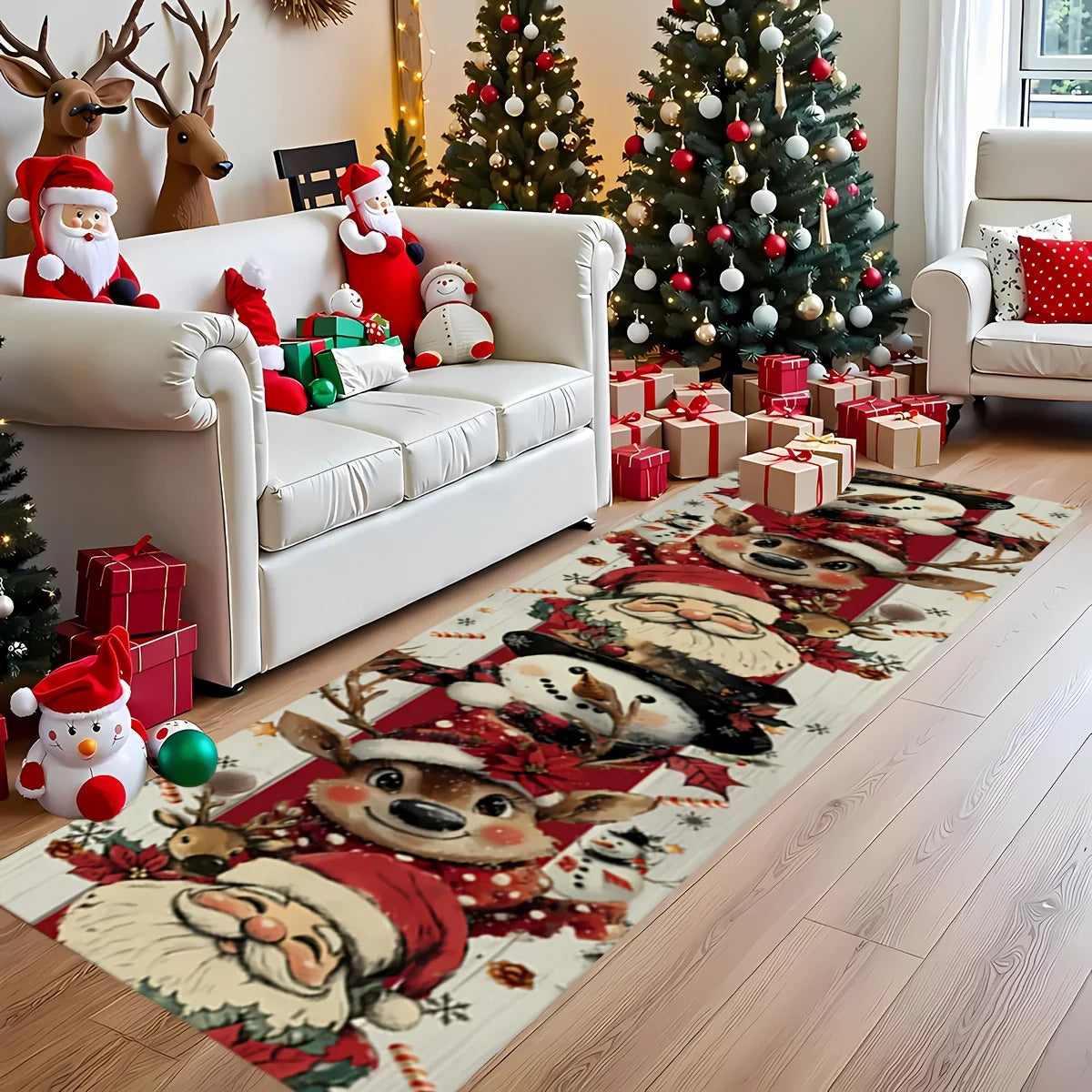 tapis noël rouge santa rennes flocons décoration intérieure imperméable polyester multicolore festive