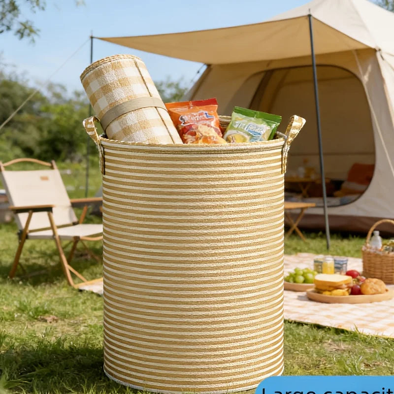 panier linge pliable moderne rayures dorées beiges poignées robustes anneaux métalliques rangement décoratif