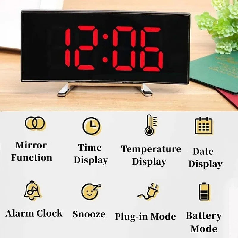 horloge numérique moderne miroir réveil affichage température luminosité réglable mode nuit led noir matériau