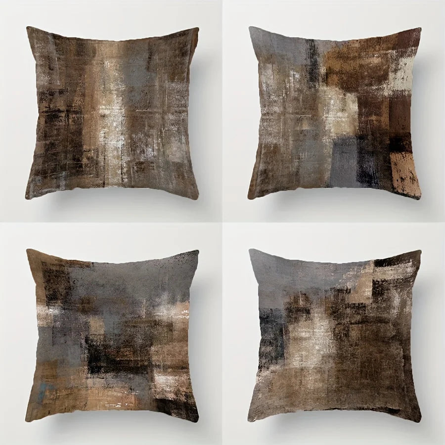 taies d'oreiller abstraites contemporaines marron gris beige 45x45cm polyester peacheskin ornementales maison hospitalière