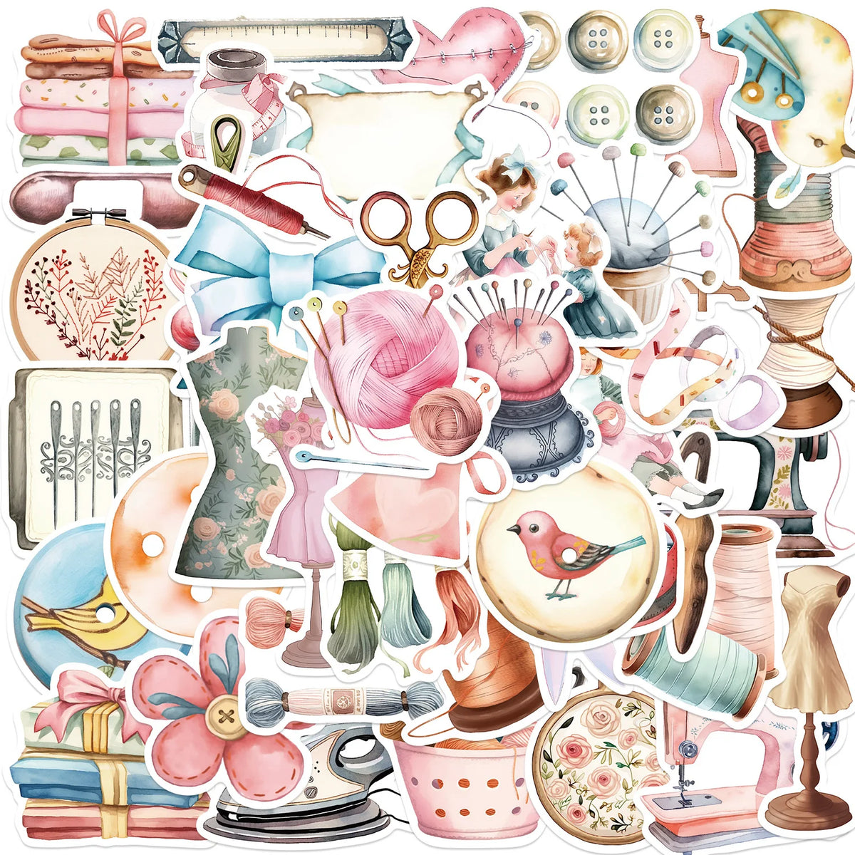 accessoires couture déco adhésifs fleurs rubans oiseaux coeurs broderie vintage romantique rose bleu beige