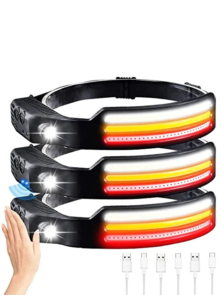 lampe frontale rechargeable led noir blanc rouge jaune rayures horizontales induction lumineuse modes ipx4