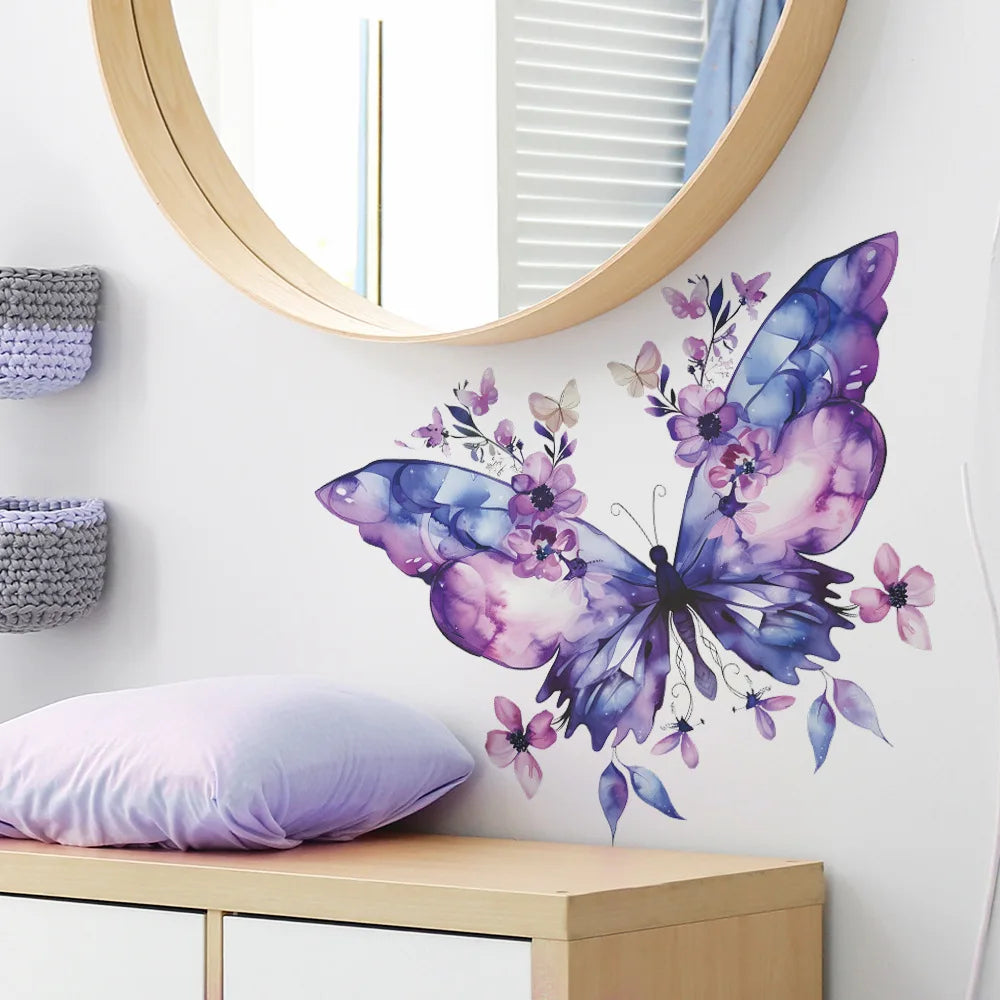 autocollant mural papillon fleur violet art floral décoration chambre salon auto adhésif pvc resistant