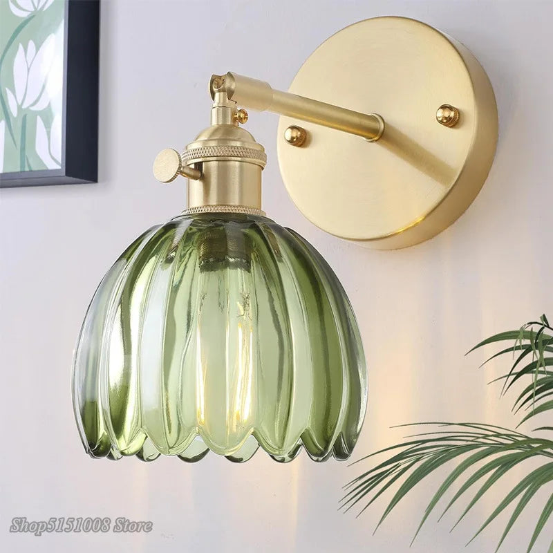 Lampe mur verte striée finition dorée vintage interrupteur on off