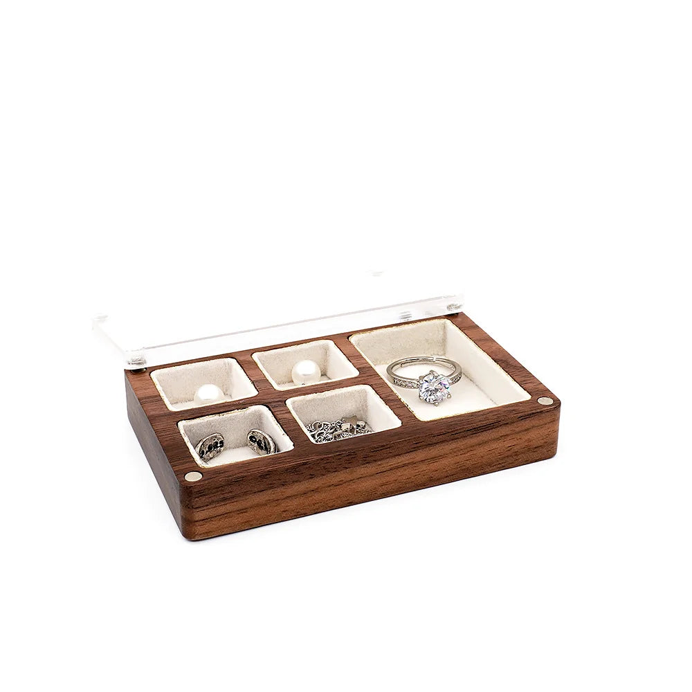 boîte bijoux bois foncé tissu intérieur moderne clips anneaux boucles d'oreilles colliers cadeau présentation