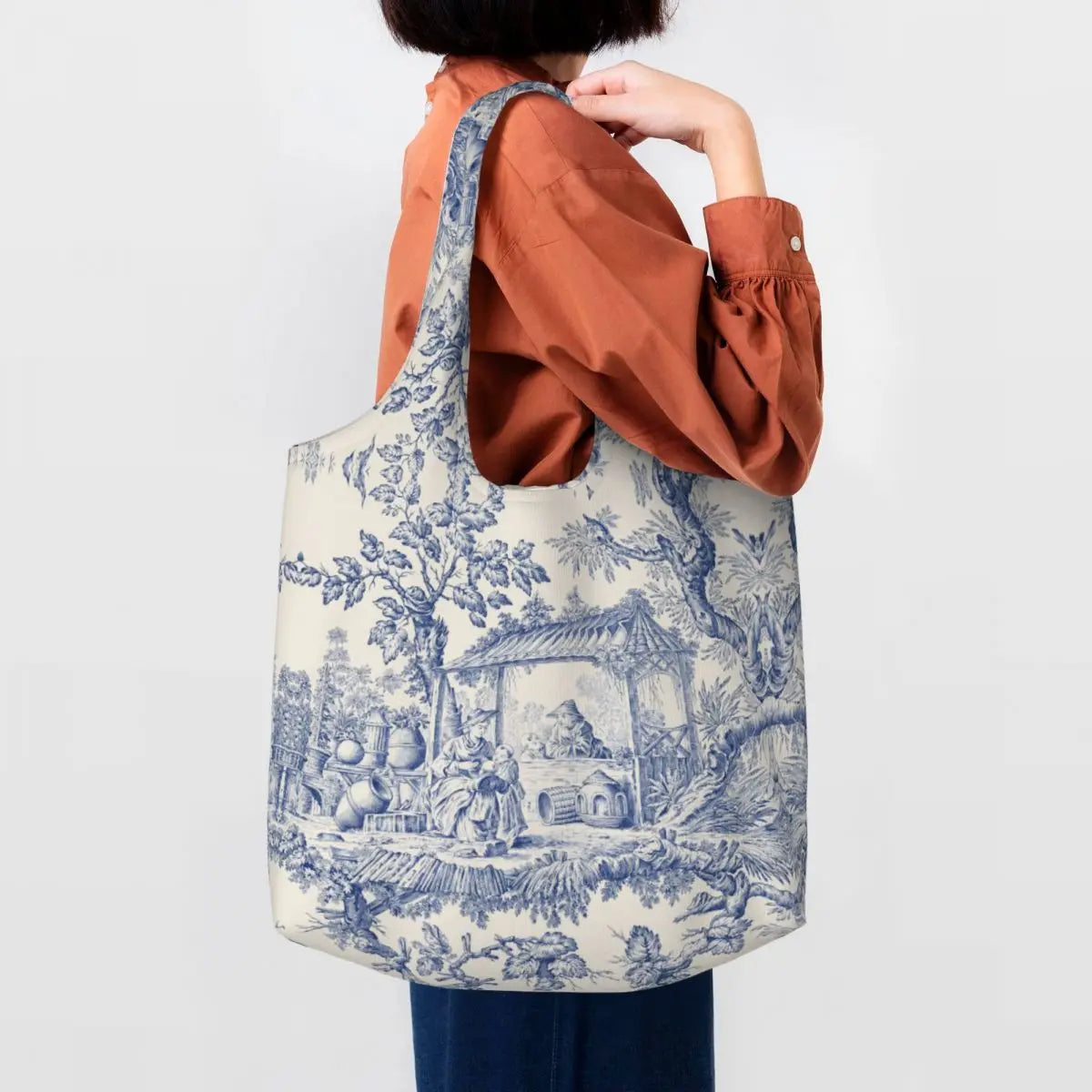 sac main toile jouy beige bleu paysan vintage classique polyestère canvas detachable handles
