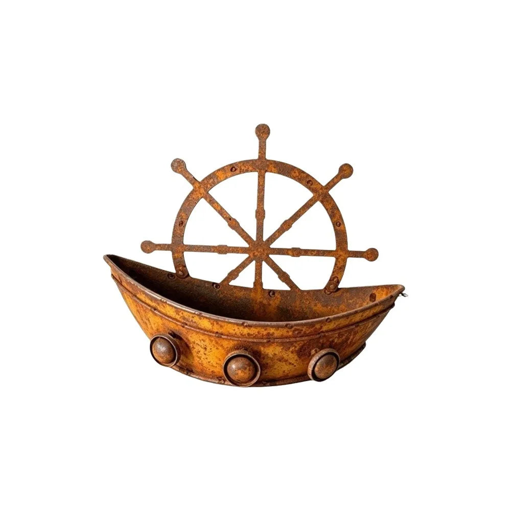 cache pot forme bateau marron rustique texture métal vieilli vintage succulentes gravierintérieur