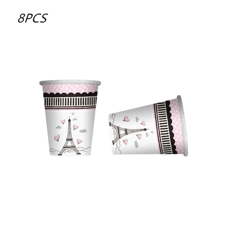 décoration fête tour eiffel assiettes gobelets serviette nappe happy birthday blanc rose coeurs parisienne