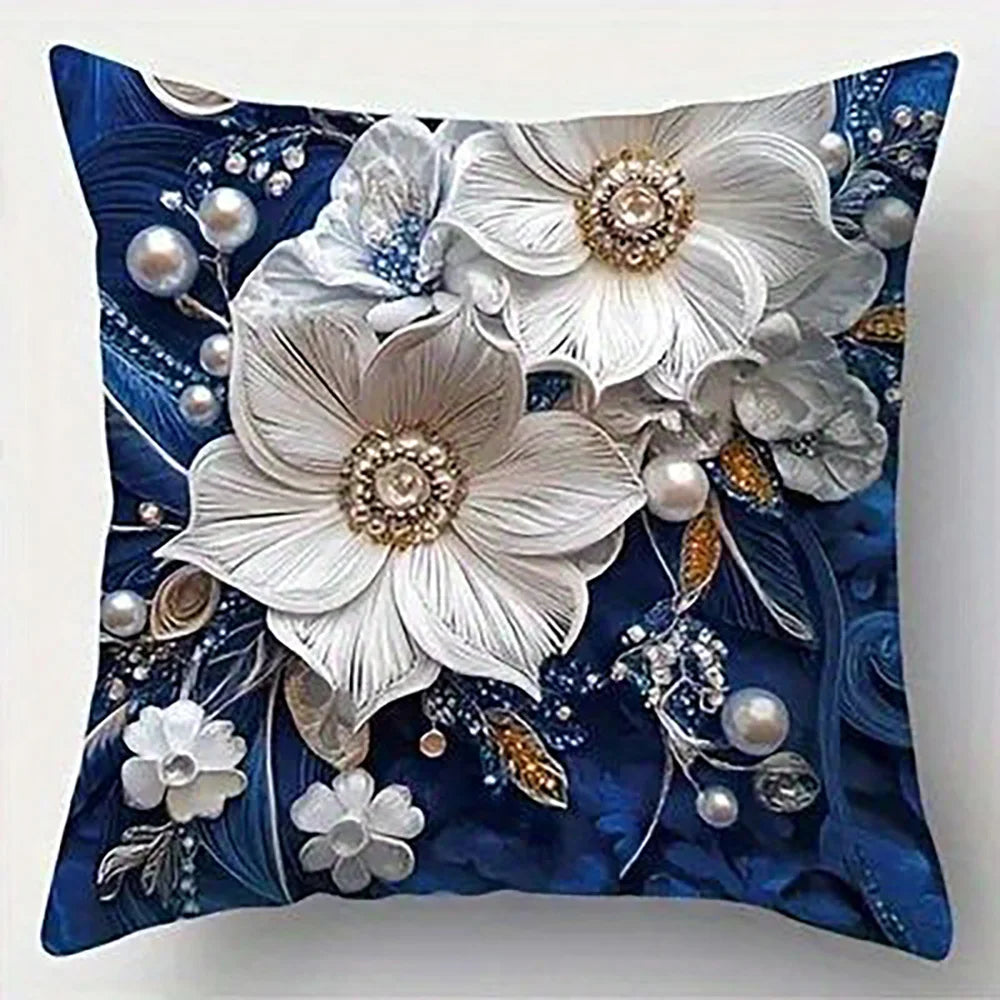 coussin élégant bleu fleurs dorées classique 45x45cm polyester casa chambre decoration