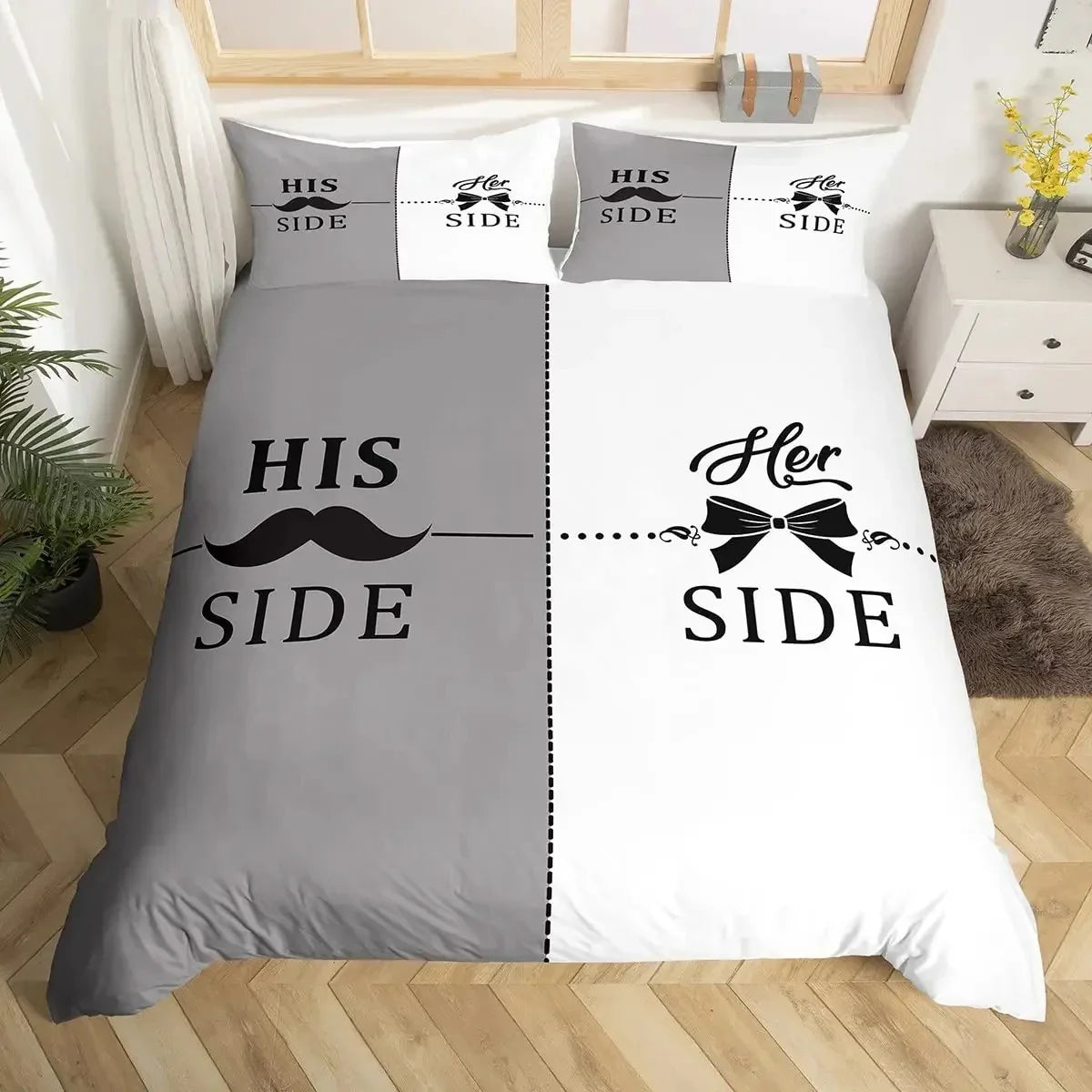 Housse de couette 260x240 blanc noir dans chambre moderne
