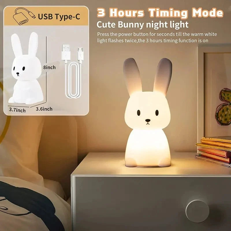 veilleuse nuit lapin blanc moderne enfant led silicone câble usb pression contrôle chambre décoration