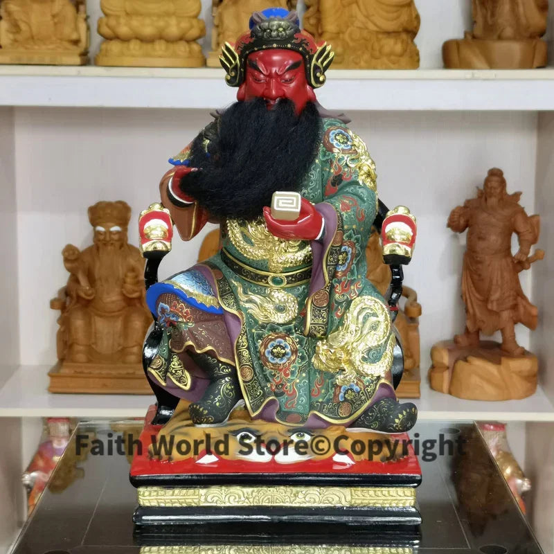 statue divinité asiatique bois peint couleurs rouges vertes décoration florale animale