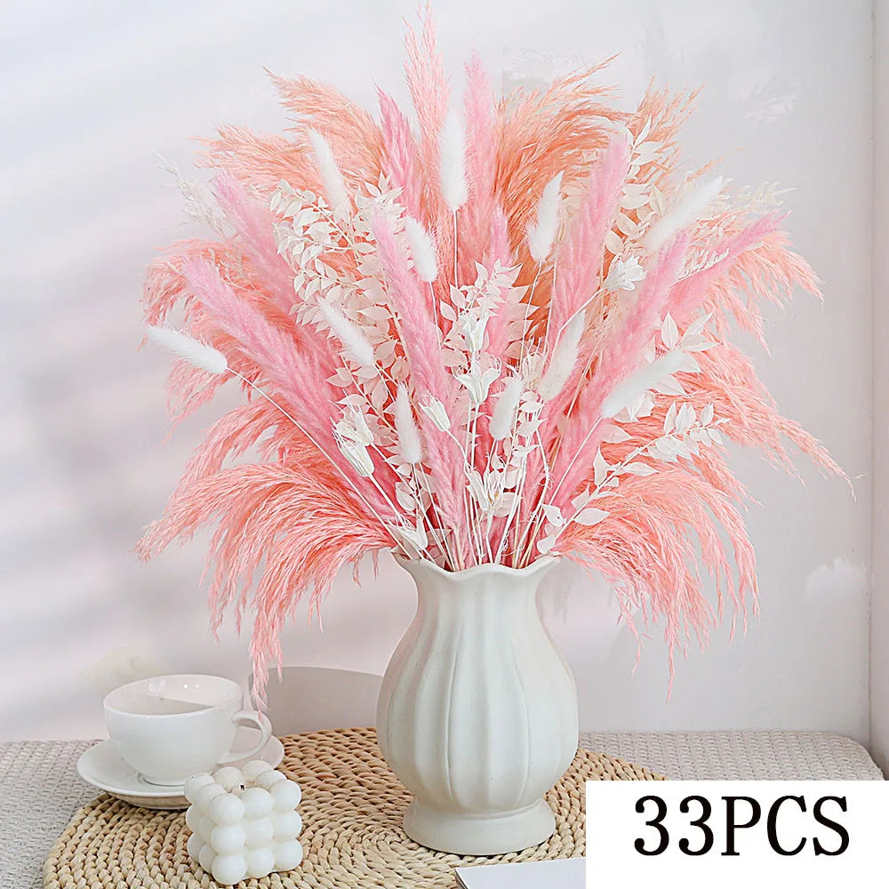 bouquet plumes graminées fleurs séchées blanc rose boho décoration intérieure anniversaire mariage