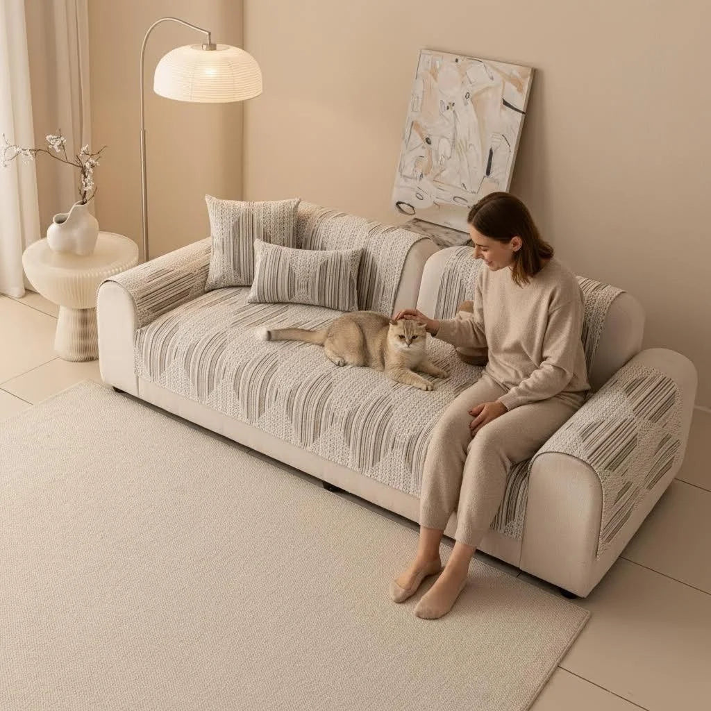 housse canapé chenille beige rayures horizontales moderne élégante coussins décoratifs anti dérapant