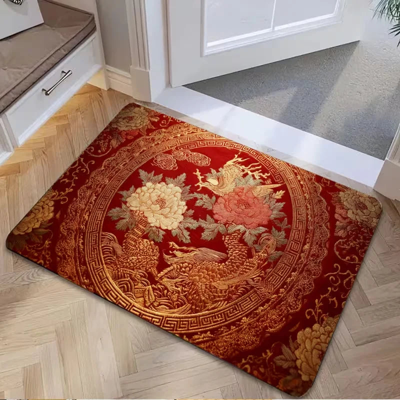 tapis entrée dragon fleurs bleu doré moderne résistant antidérapant 30x50cm 40x60cm