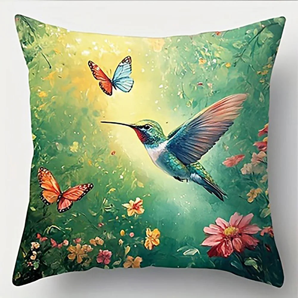 taies d'oreiller imprimées motifs fleurs colibris modernes polyester peachskin 40x40cm 45x45cm 50x50cm 60x60cm decoration
