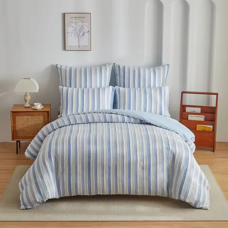 ensemble literie polyester rayures horizontales moderne beige bleu clair gris clair vert clair