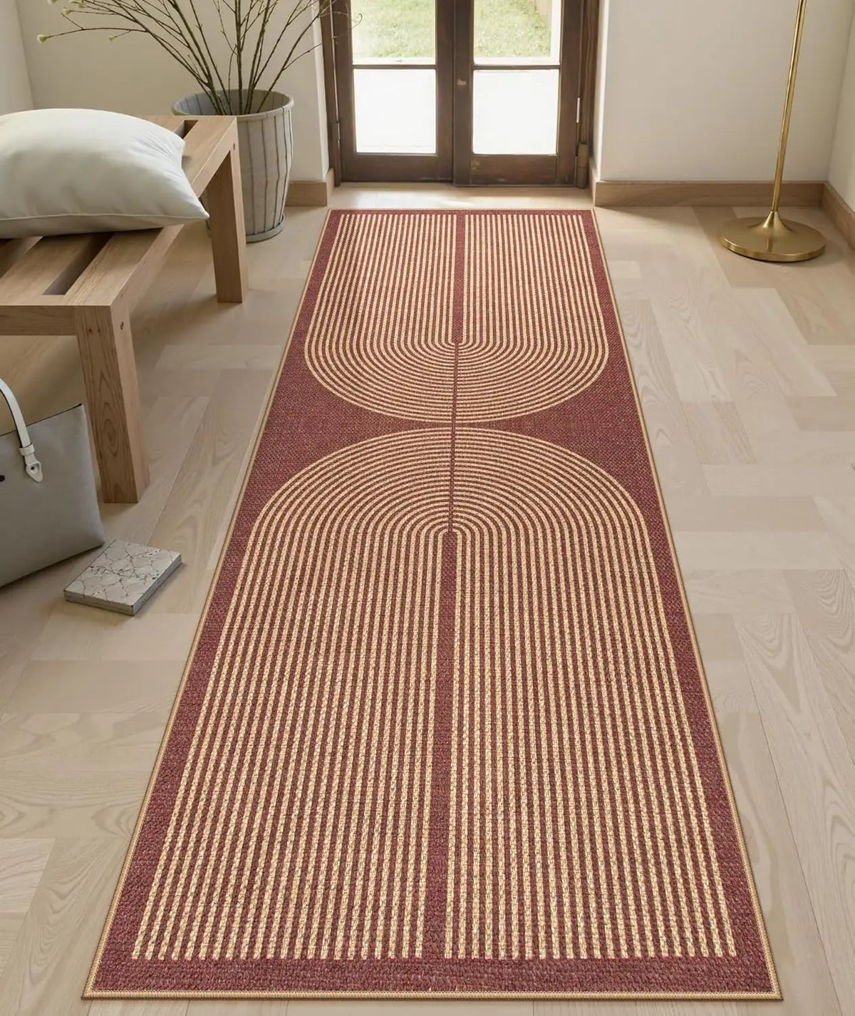 tapis moderne géométrique rayures horizontales beige noir rouge salon chambre entrée minimaliste polyester polypropylène