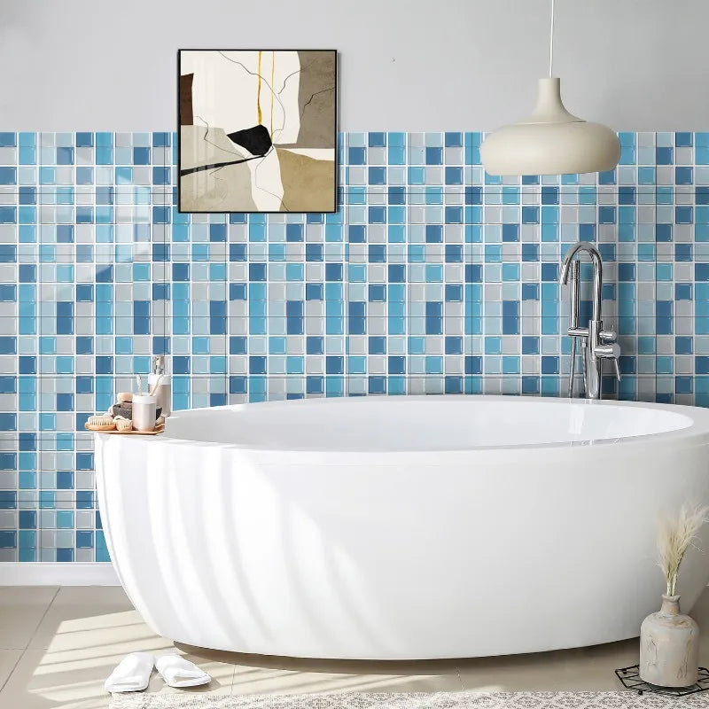 autocollants muraux carreaux bleu gris blanc motifs géométriques moderne décoration