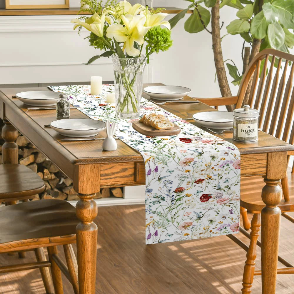 chinois table runner fleurs peinture aquarelle polyestere maison violet blanc bleu