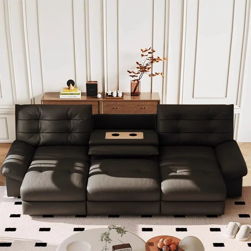 canapé d'angle moderne simili cuir noir confortable électrique tablette double verres adultes
