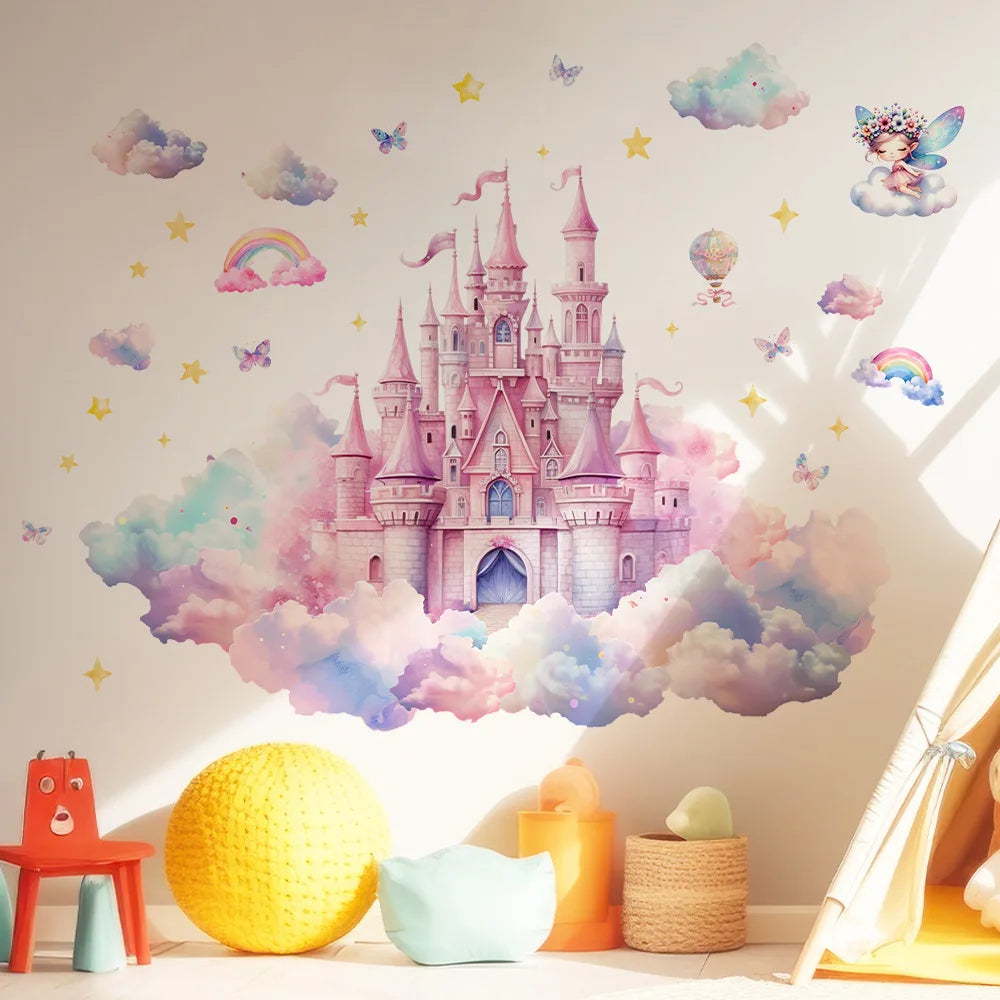 autocollants muraux château nuages arc ciel étoiles papillons dessin animé chambre fille salle jeux