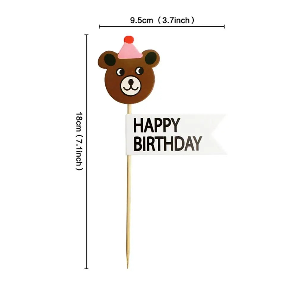 décorations gâteau happy birthday multicolore nounours chapeau banderoles géométriques festives piquées bois