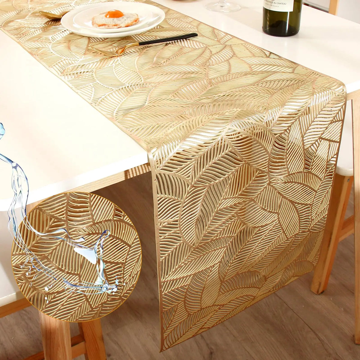 table chevet moderne chemin table motifs végétaux feuilles or blanc semi transparent
