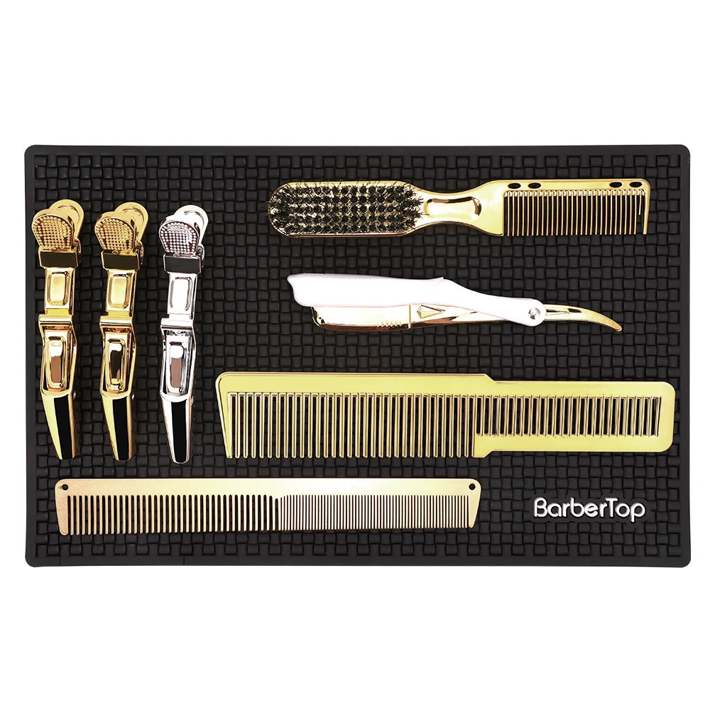 tapis coiffeur antidérapant noir or outils rangement surface texturée professionnel utilitaire