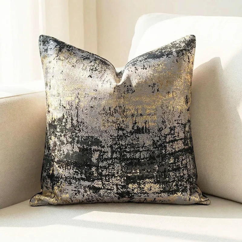 coussin carré jacquard géométrique contemporain beige gris bleu doré polyester 45x45cm