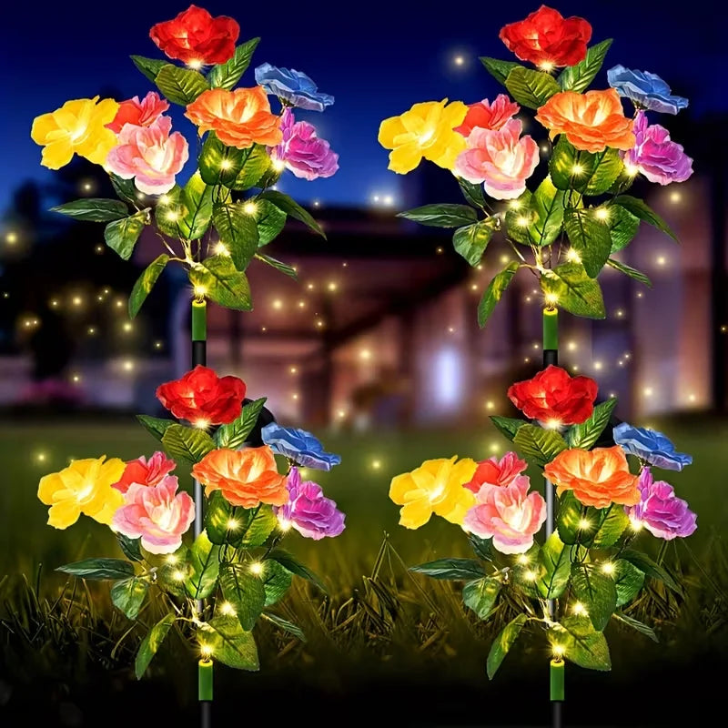 bouquet lumineux solaire fleurs artificielles rouge rose jaune bleu vert moderne clips solairesextérieur jardin