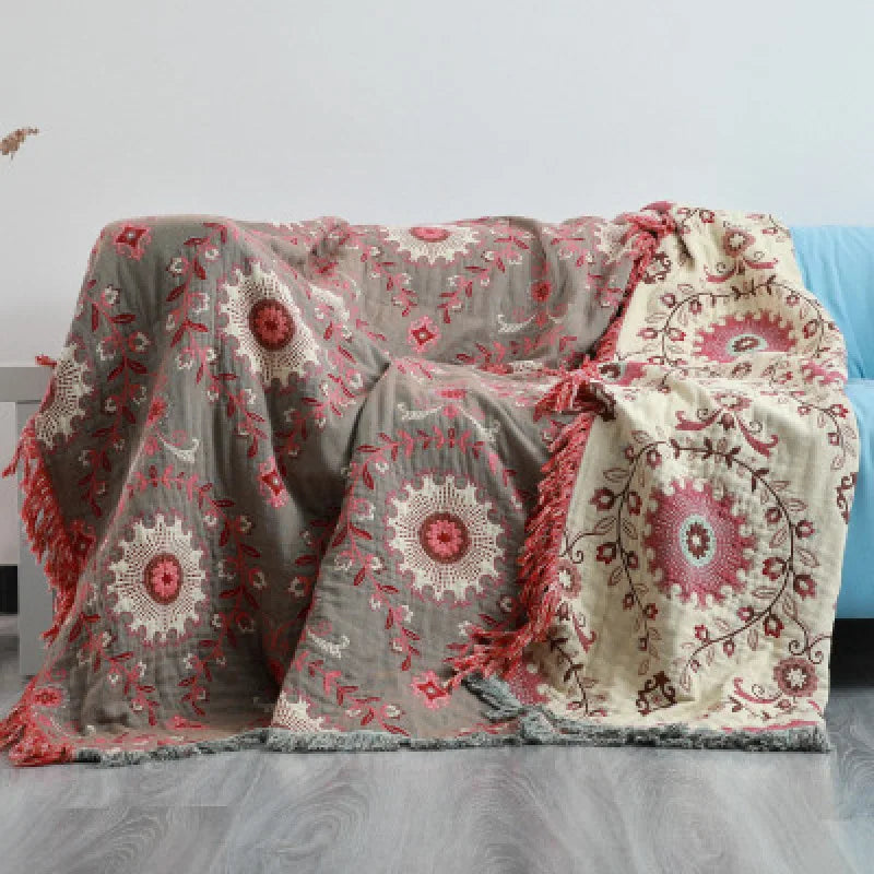 couverture coton jacquard fleur complexe vert beige marron rose traditionnelle hiver été canapé lit